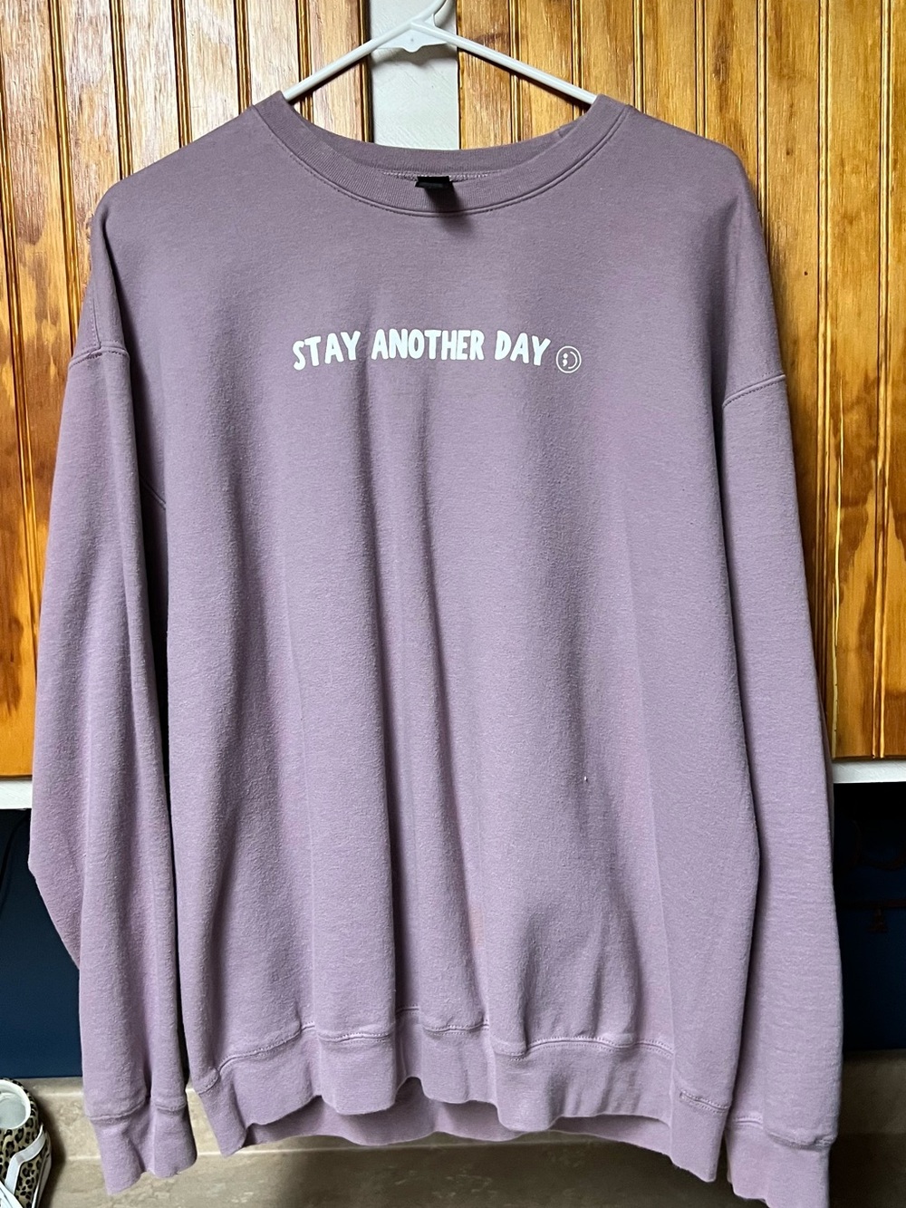 Womens Gildan Lavender Crewneck Sweatshirt with 'Stay Another Day' Print size L